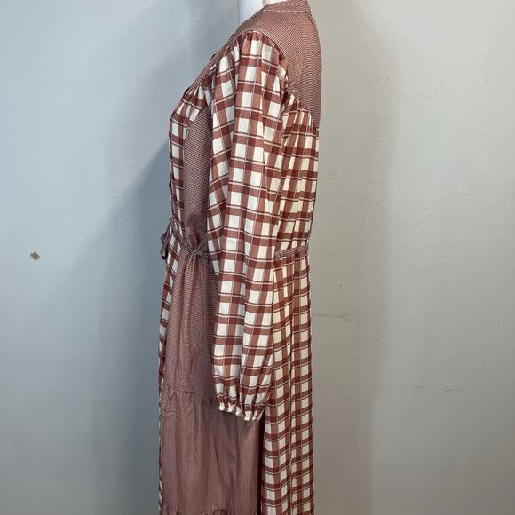 Polagram Dress size Medium Brown Ivory Plaid Midi Prairie Peasant Modest Church - Picture 7 of 9